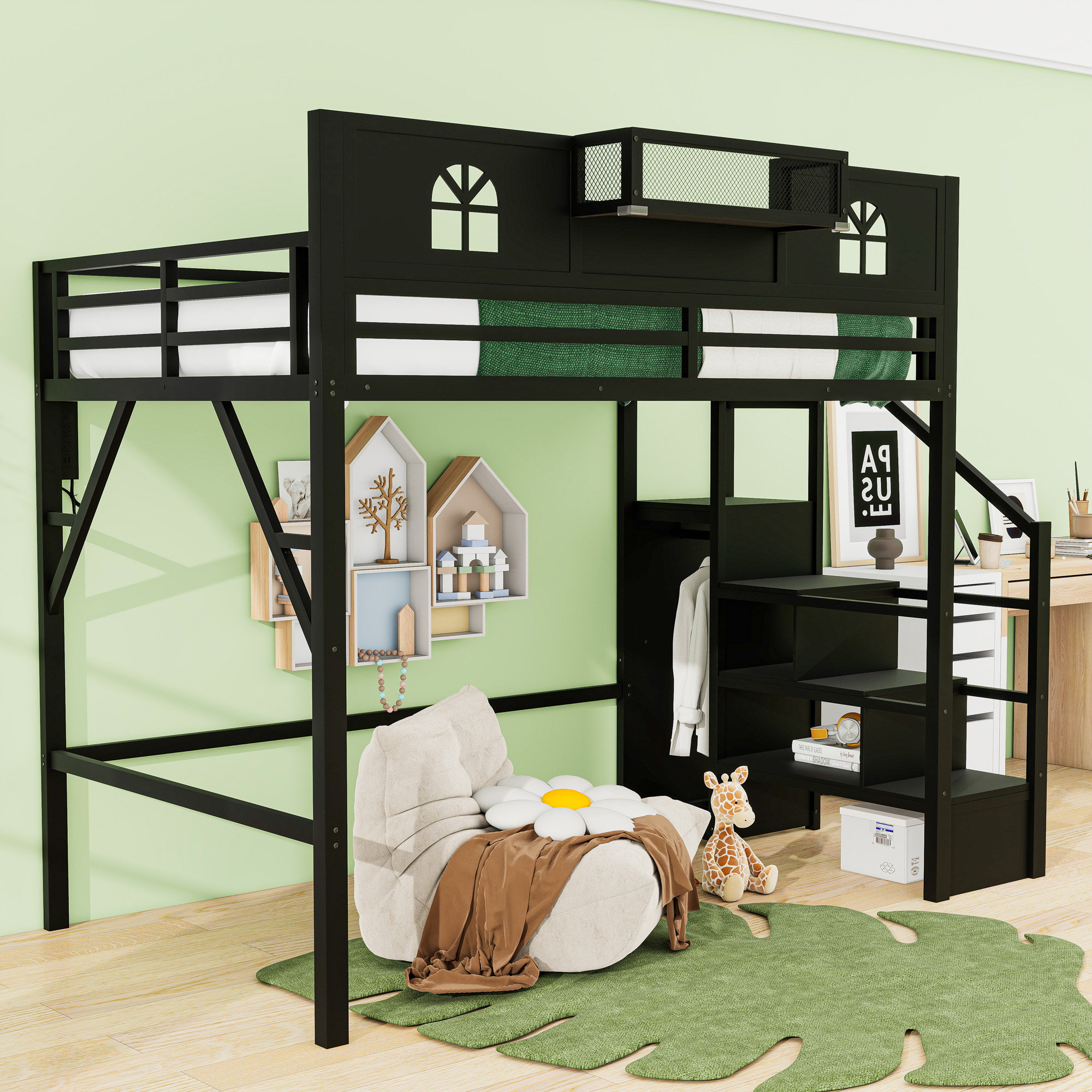 Harriet Bee Metal Loft Bed with Wardrobe, LED Lights and USB Charging ...
