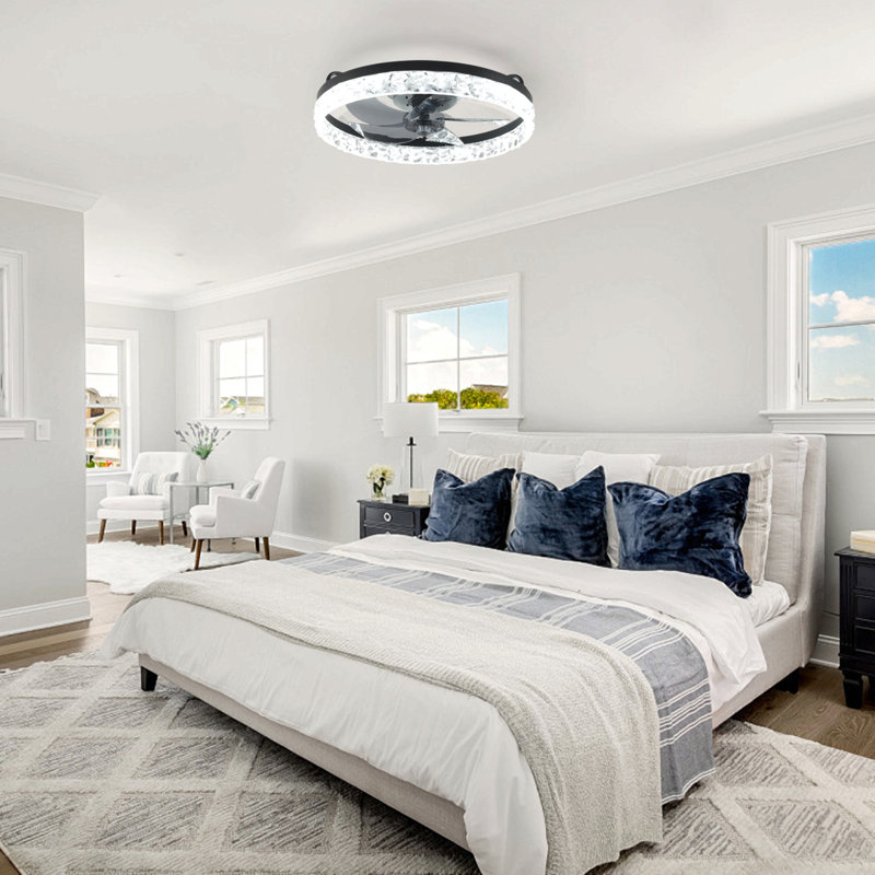 19" Black Frame Iceberg Bedroom Fan Light With Remote Control, Dimmable, 7 Blades, Reversible Dc Motor, With Led Light