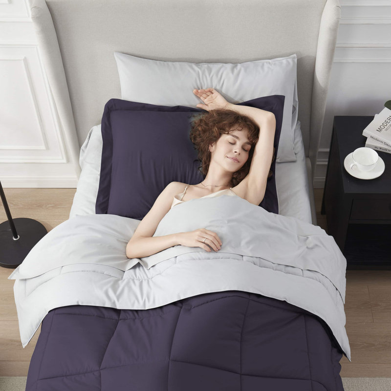 Twin Purple Microfiber Down Alternative Reversible Bed in a Bag Set