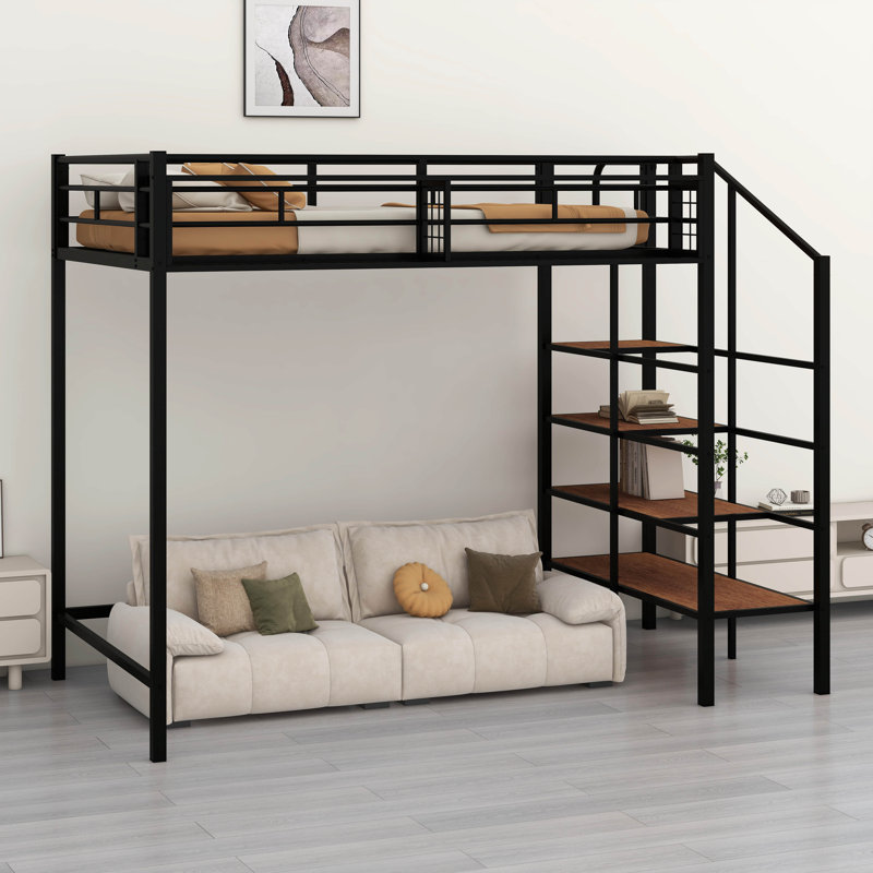 Twin Size Metal Loft Bed With Upper Grid Storage Shelf & Lateral Storage Ladder, Black