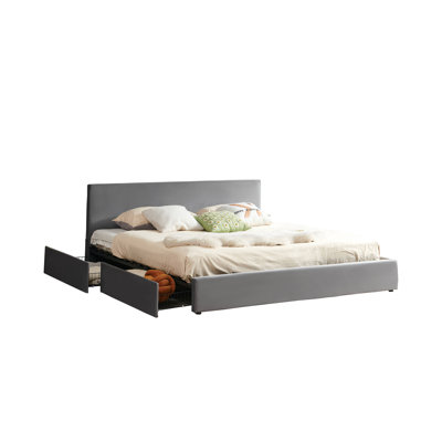 Lit plateforme en velours avec 4 tiroirs latéraux, cadre de lit rembourré avec rangement en métal, aucun sommier requis, gris, double