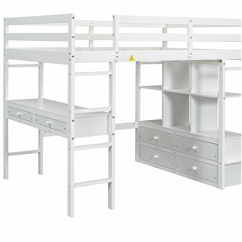 Lit mezzanine double avec deux tiroirs, tablettes de rangement et tiroirs
