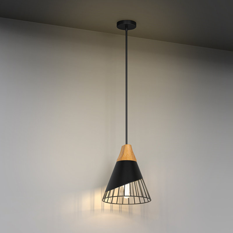 Luminaire suspendu conique en métal à 1 lumière avec texture de bois
