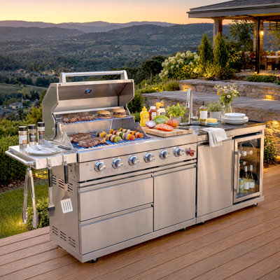 Îlot de cuisine 84 pouces 84 pouces en acier inoxydable 304 avec gril, évier, réfrigérateur et rôtissoire - Comptoir en granite de qualité supérieure, compatible avec le propane / gaz naturel, argent