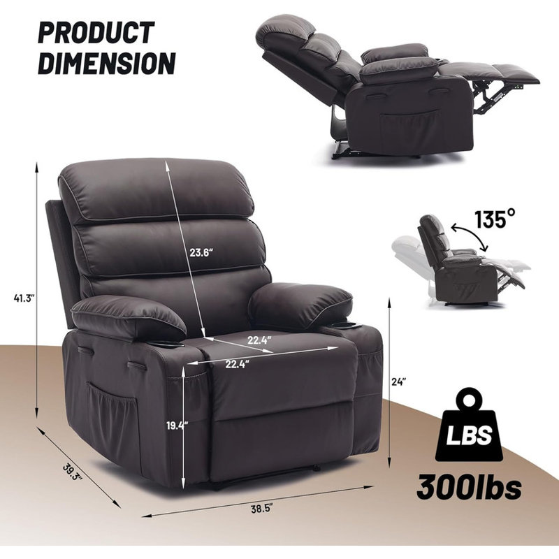 PU Leather Extra Wide Manual Recliner with Massage & Heat, Large Lazy Chair for Living Room, Dark Brown