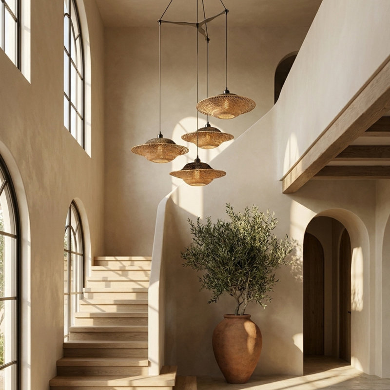 Cascade 4-Light Cluster Pendant Light Natural Rattan Shade Coastal Chic Chandelier In Matte Black