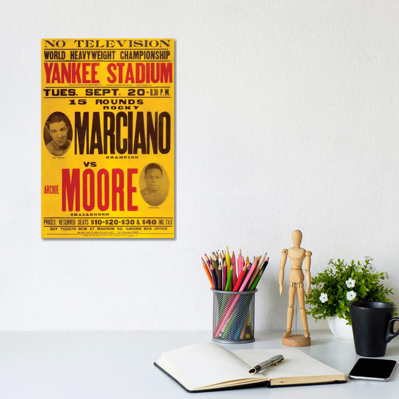 Marciano contre Moore - publicité imprimée, Aucun mat, Toile tendue, H 12 po x l 8 po x P 0,75 po
