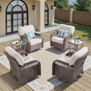 6-Piece Modern Outdoor Seating Set With 4 Swivel Armchairs & 2 Side Tables – Wicker Patio Lounge Set With Water-Resistant Cushions And Steel Frame