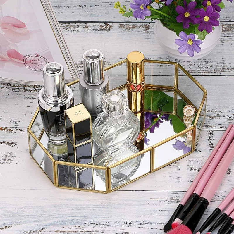 Gold Octagonal Mirrored Vanity Tray - Vintage Makeup/Perfume/Jewelry Organizer