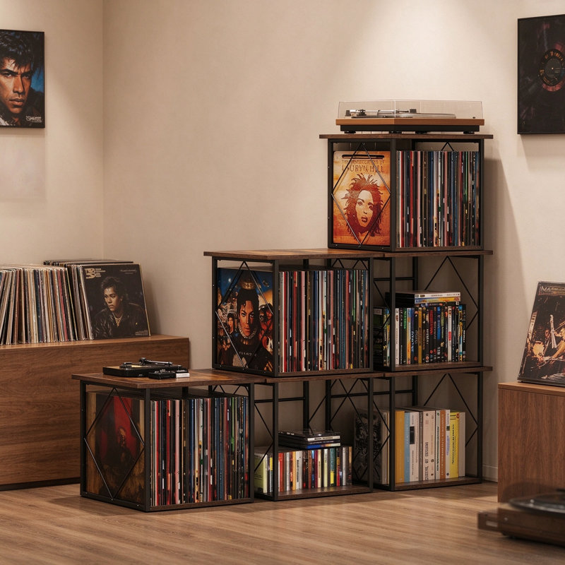Organisateur de caisses de présentation pour disques vinyles avec plateau en bois et cadre en métal