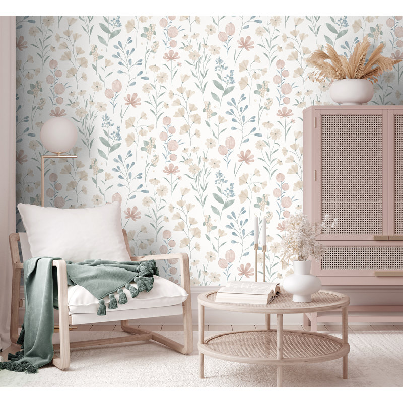 Papier peint floral bonbon beige et vert, Beige