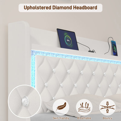 Floating Twin Bed Frame With LED Light, Upholstered Platform PU Leather Bed With Charging Station & Wingback, Diamond Tufted Storage Headboard & Footboard, No Box Spring Needed