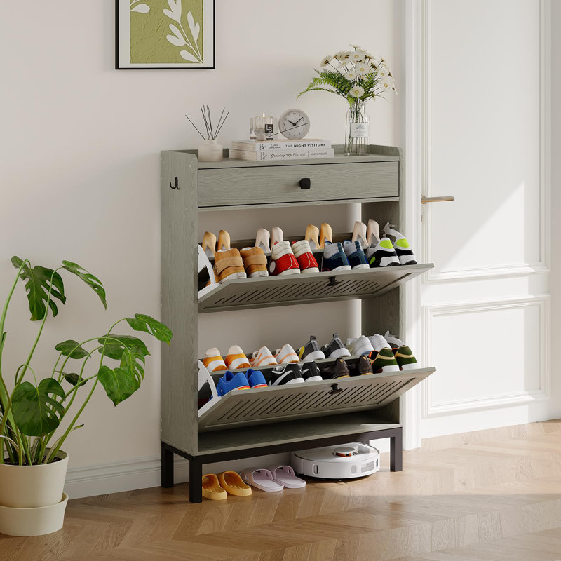 Shoe Storage Cabinet with 2 Flip Drawer & Top Drawer, Adjustable Shoe Rack for Entryway, Gray