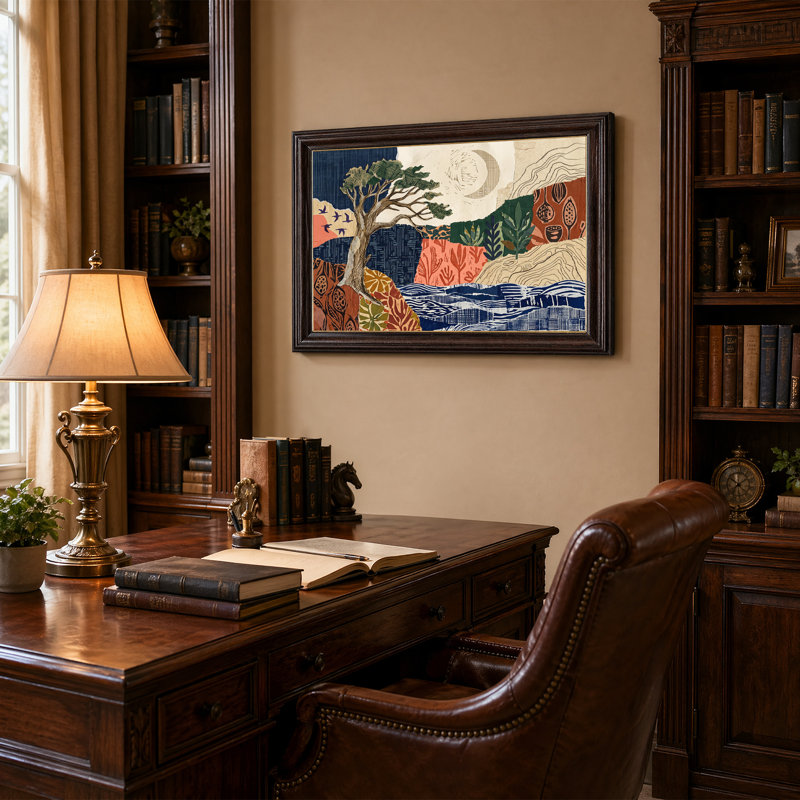«Woodcut Tree and Birds Over Blue Water», art mural sur toile, H 12 po x l 18 po