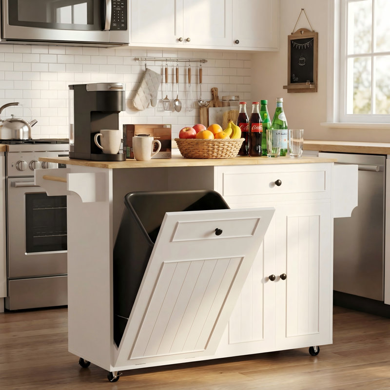 Rolling Kitchen Island Cart With Trash Can Storage, Power Outlet, Drop Leaf & One Drawer