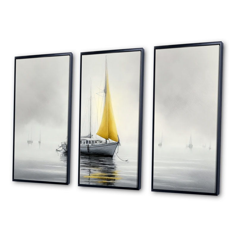 Bateau ancré III - 3 pièces sur toile, Cadre noir, H 32 po x l 48 po