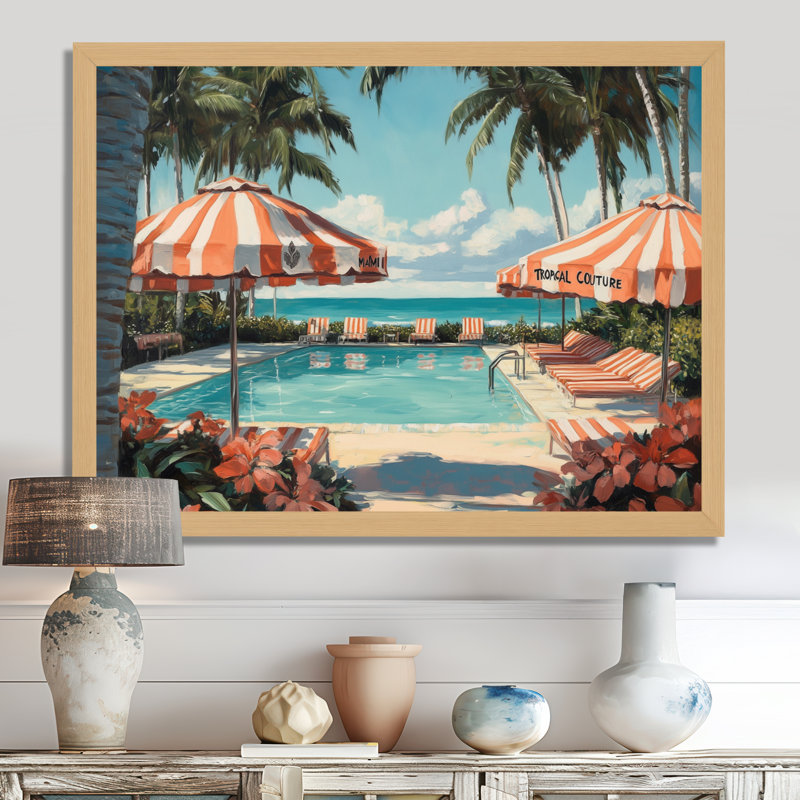 Palmiers au bord de la piscine à Miami - Toile tropicale tropicale encadrée, H 12 po x l 20 po, Cadre naturel