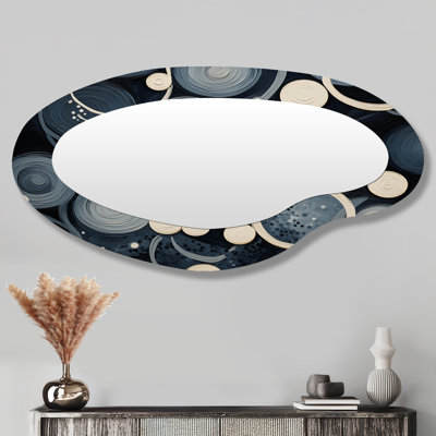 Lunes blanches sur bleu rétro - Art abstrait géométrique en métal - Miroir mural moderne et irrégulier