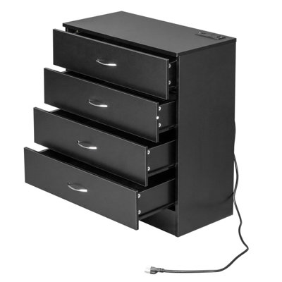 Table de chevet noire à 4 tiroirs avec 2 ports USB et 2 prises de courant, commode de rangement pour chambre à coucher