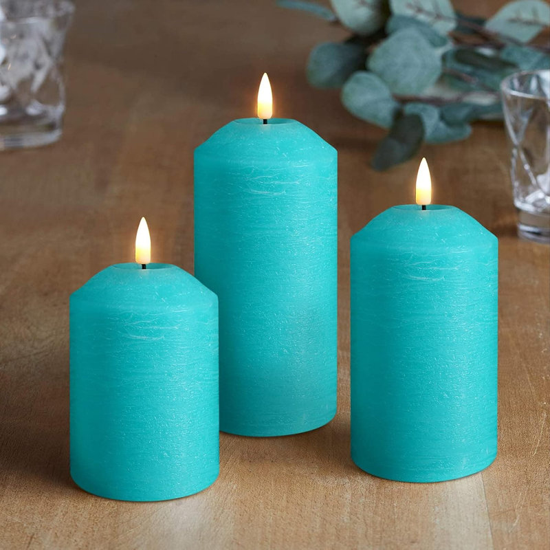 3 Pack Turquoise Blue Flameless Pillar Candles with Remote: Real Wax, Flickering LED, Battery-Operated, Blue