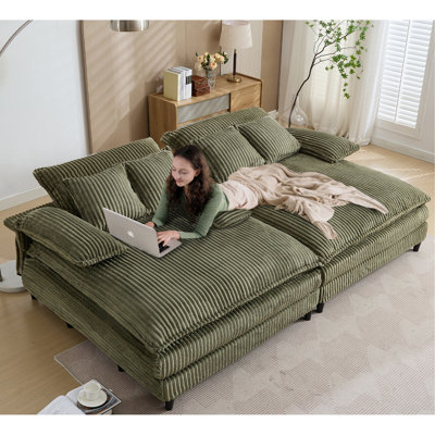 109" W Oversized Double Lounge Chaise,Fluffy Cushioned Sofa Bed,Deep Seat,Corduroy,4 Pillows,Four Gears Can Be Adjusted,Leisure Sleeper Sofa Chair,2 PS,Green