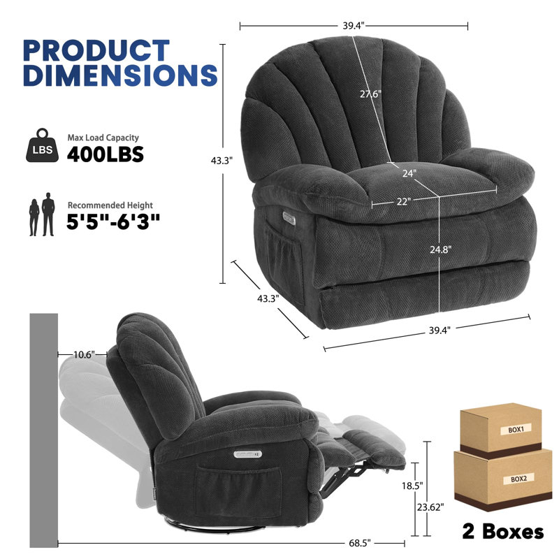 EONIX Oversized Power Swivel Rocker Recliner Chair for Living Room, Power Adjustable Backrest and Extended Footrest, USB Charging Ports, SXXY004021, Dark Grey