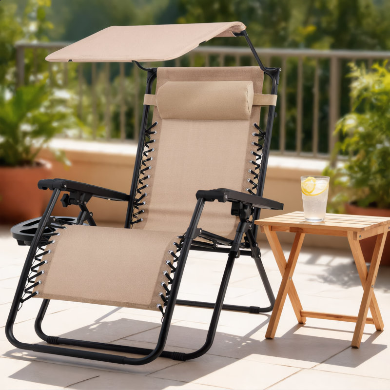 Beach Chairbeige Foldable Zero Gravity Chair For Outdoor Patio With Adjustable Canopy Headrest Side Tray Textile Mesh Material