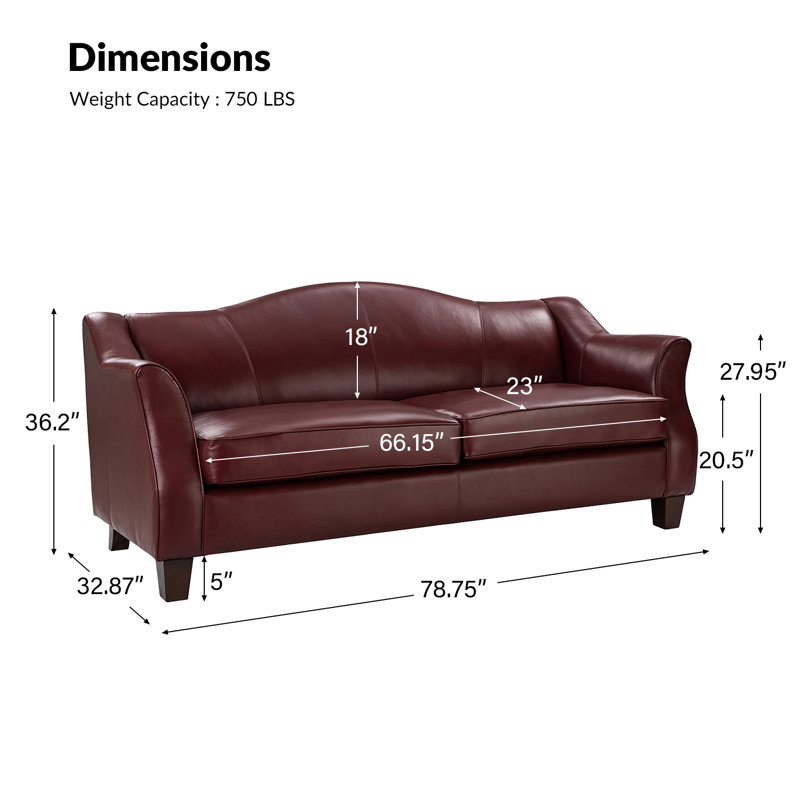 Ashantae 81.5'' Traditional Genuine Leather Sofa with Solid Tapered Wood Legs, Burgundy
