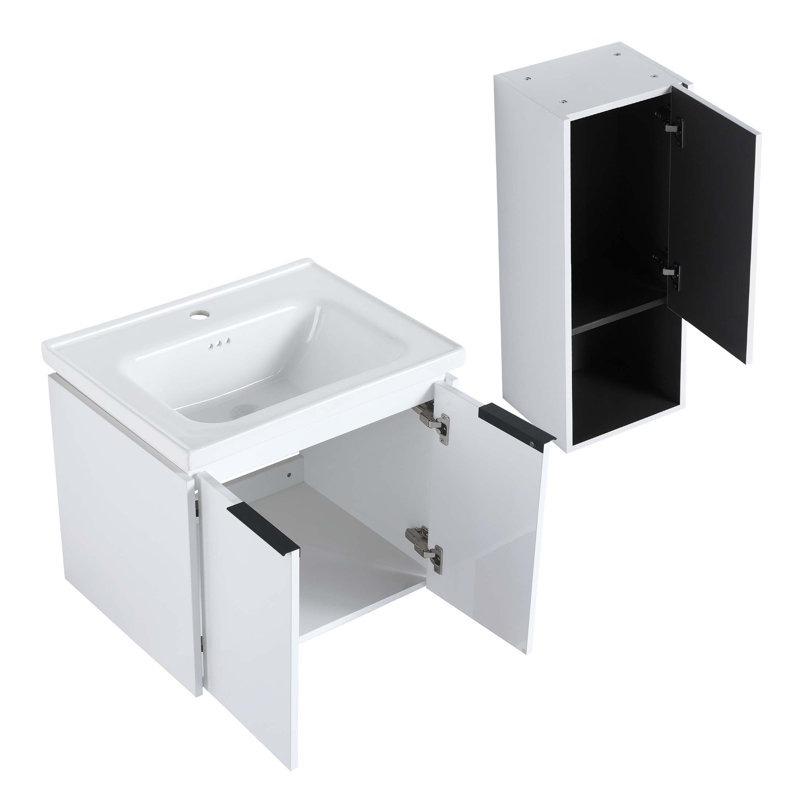 Meuble-lavabo mural 24 po avec lavabo en céramique et armoire latérale et portes, armoire combinée