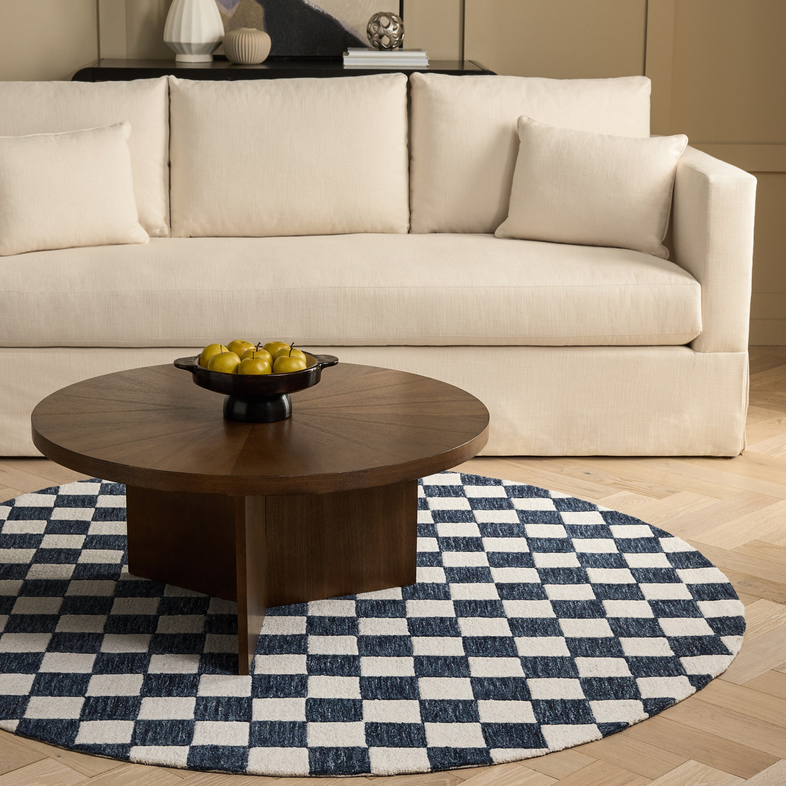 Freemont Blue Ivory Hand-Tufted Checkered Rug, Round 6'