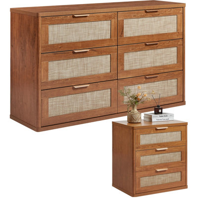 Ensemble de commode et table de chevet en rotin, 2 pièces, commode 6 tiroirs et table de chevet 3 tiroirs