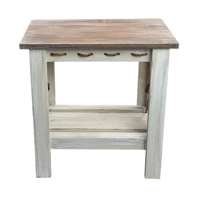 All Wood Side Table with Slat Shelf and Knotted Rope Accent