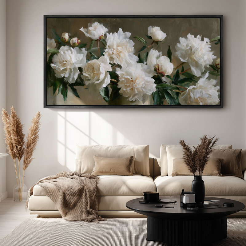 Art mural encadré sur toile - Nature morte à la rose blanche classique avec feuillage vert foncé - 16 po x 24 po, 24 po x 36 po