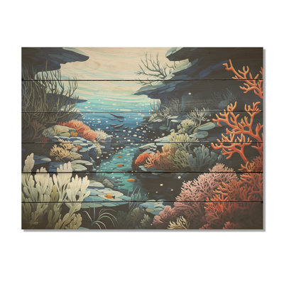 «Deep Marine Scenes - Coastal Coral Under Water Wood», art mural sur bois de pin naturel