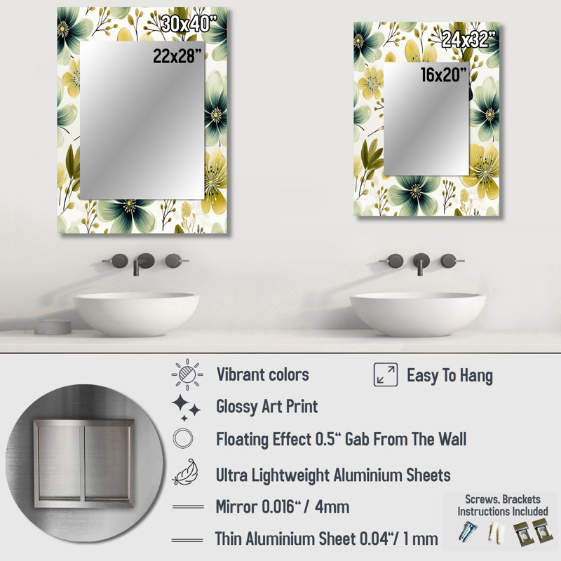 Fougères vertes et blanches de Yorleny - Sereny, miroir mural floral unique, art floral imprimé, 40 po x 30 po
