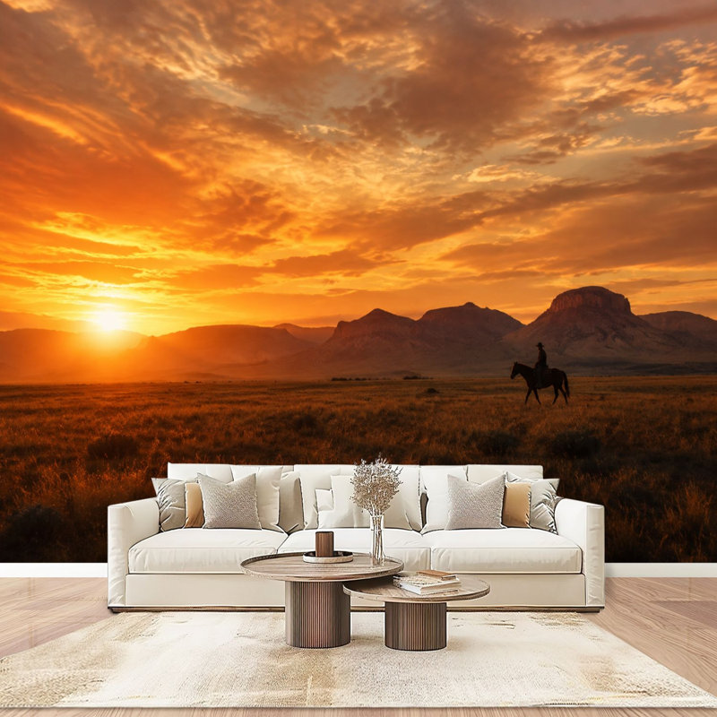 Papier peint mural autocollant représentant un paysage de coucher de soleil dans l'Ouest américain. Décoration murale moderne et adhésive pour chambre ou salon. Dimensions : 254 cm (L) x 366 cm (l).