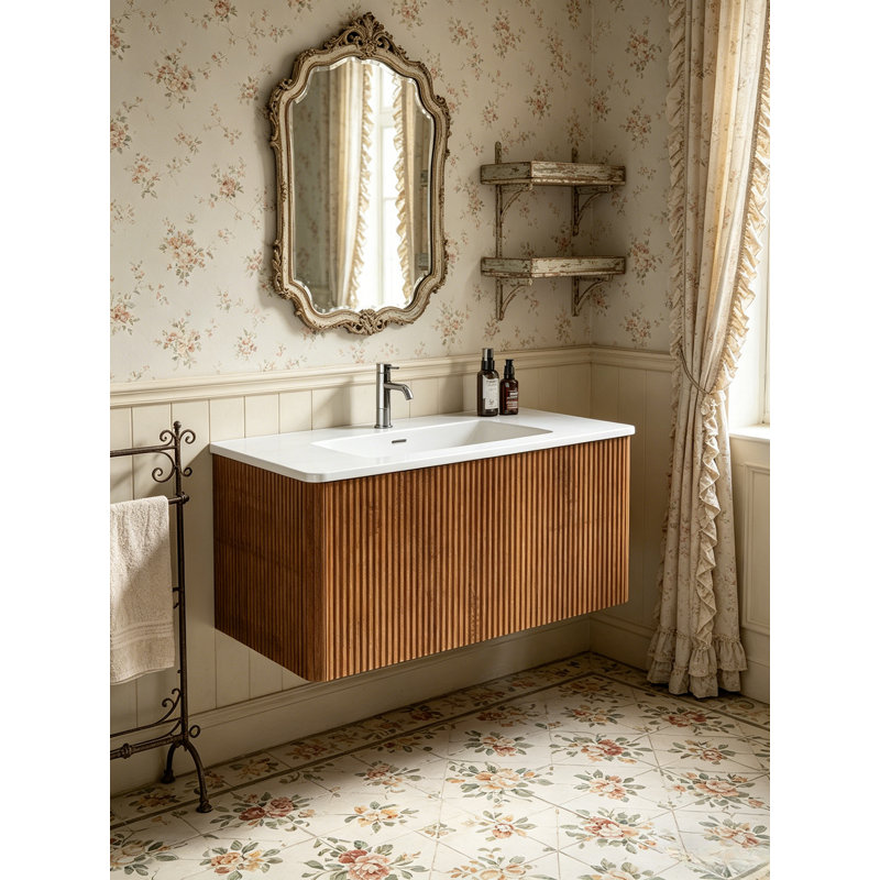 Meuble-lavabo flottant avec lavabo en céramique et tiroir à ouverture par pression, Noyer, 36"