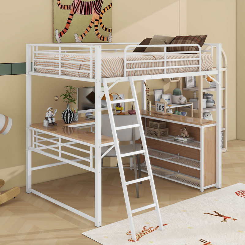 Lit mezzanine double en métal avec tablettes et bureau, Blanc
