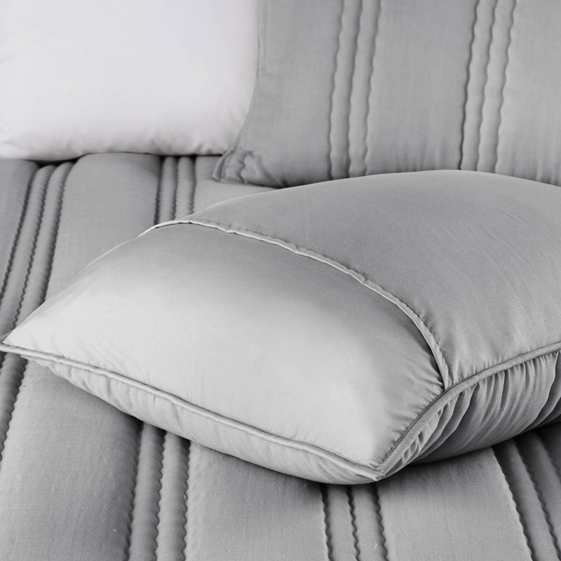 Courtepointe grise 3 pièces en gaze double / grand - rembourrage doux, conception matelassée en canaux, effet froissé, étiquetée, lavable à la machine pour un entretien facile, texture, lavable, sans danger pour la peau