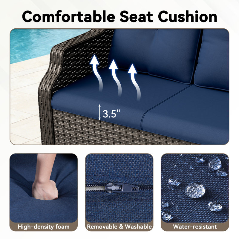 4-Person PE Wicker Outdoor Patio Set with Loveseat,2 Chairs,Coffee Table & Blue Cushion, Blue