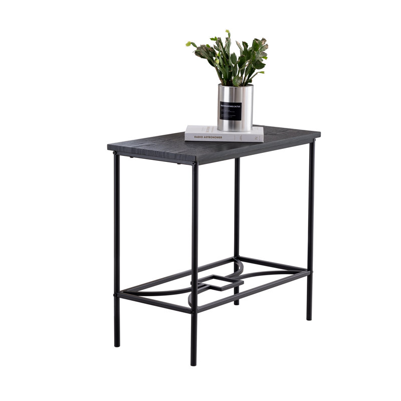 Table de bout rectangulaire moderne avec cadre en acier avec tablettes de rangement et plateau en bois