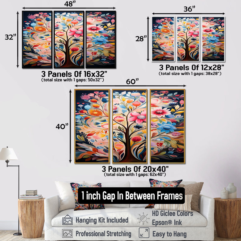 Timothee - Tree Floral Wall Art Living Room Set, 28" H x 36" W x 1" D, Brown Floater Framed