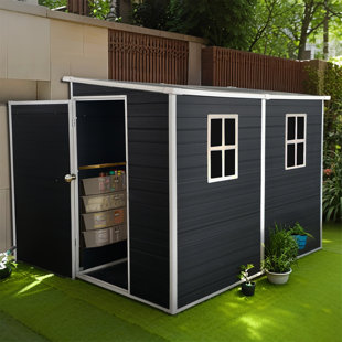 Outdoor 8ft×4ft Resin+Steel Frame Weather-Resist Storage Shed  with Floor Window Lockable Door Ventilation,Rust-Proof,Easy Assembly