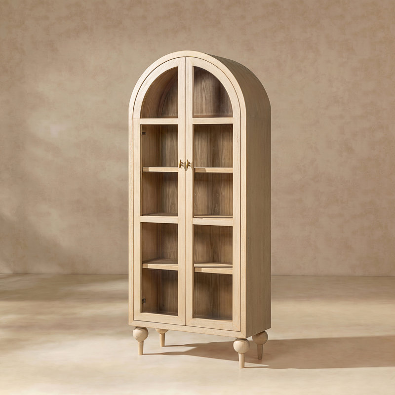 Vitrine Marlowe 83 po avec porte vitrée cintrée en pin recyclé, blanc brossé, bois de pin recyclé blanc brossé