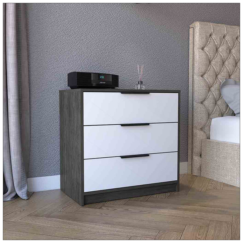 Commode 3 tiroirs Kaia, plateau supérieur, Blanc/Noir