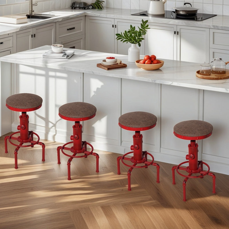 Set Of 4,Antique Vintage Industrial Bar Stool PU Leather Water Pipe Fire Hydrant Design Cafe Coffee Industrial Bar Stool, 4