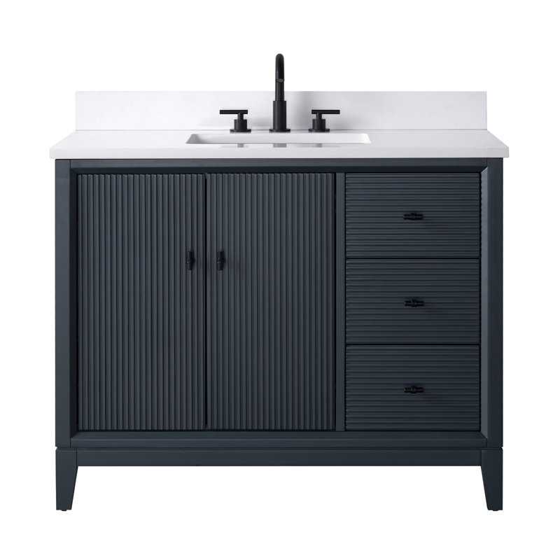 Meuble-lavabo simple 42 po avec plateau en marbre, Bleu épinette rétro, Blanc Arabescato, Noir mat