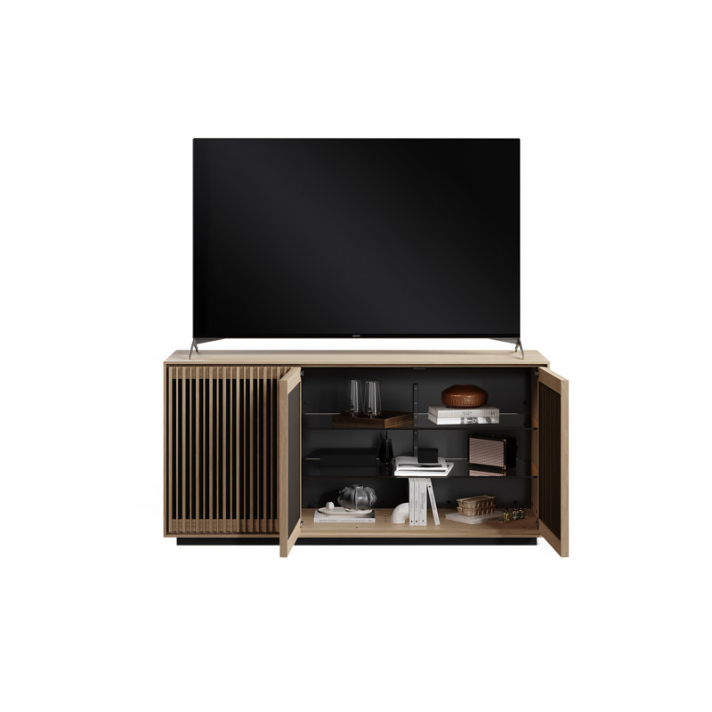 Toasted Oak and Black 3-Door Media Storage Console with Glass Shelves