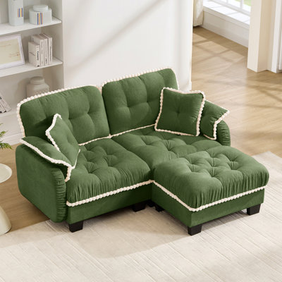 Chenille Cloud L-Shaped Loveseat Sofa With 4 Pillows,Movable Ottoman Pom-Pom Trim Quilted Tufted Cushion Ergonomic Design, Easy Assembly Deep Seat Couch For Living Room Office, Apartment
