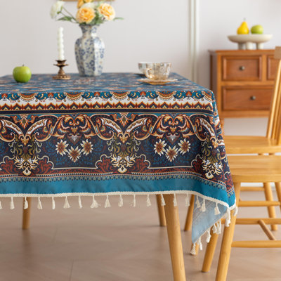  Nappe imprimée à la main pour tables carrées, housse de table rétro avec bords frangés, nappe décorative pour la cuisine et la salle à manger, 59 po x 86 po